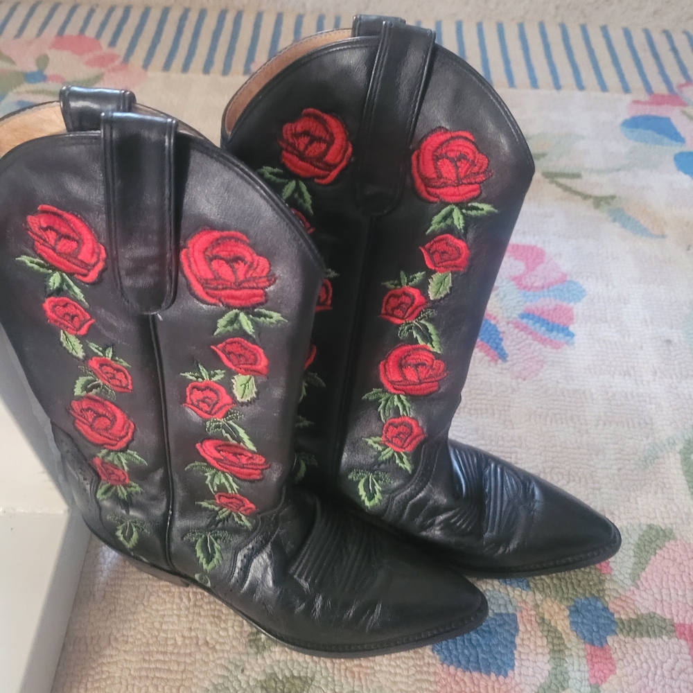 Dan Post  Black Leather Embroidered Rose Cowboy Boots